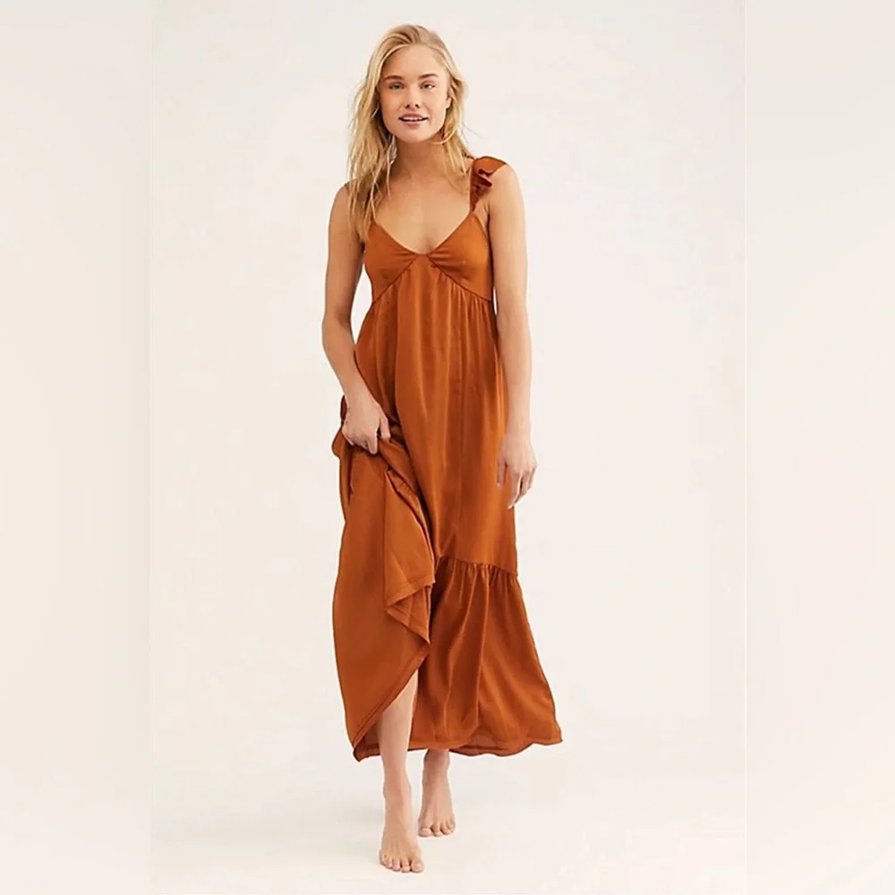 Free People Rust Brown Ruffle-Back Maxi Dress - Picture 2 of 6